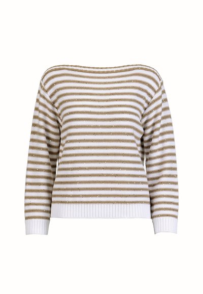 Pull en maille à manches longues avec des rayures horizontales beige et blanc, des poignets et un ourlet côtelés, et un large col bateau.