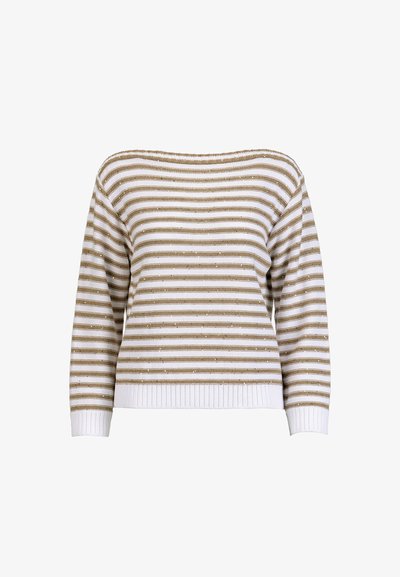 Pull en maille à manches longues avec des rayures horizontales beige et blanc, des poignets et un ourlet côtelés, et un large col bateau.