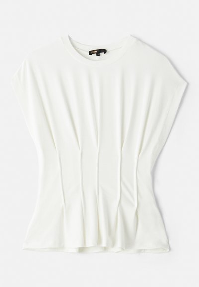 Valge lühikeste varrukatega topp, millel on mugav lõige, pehme kangas, volditud detailid ees ja ümmargune kaelus.