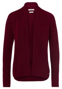 Burgundinvärinen neulecardigan, jossa on avonainen etuosa, pitkät hihat, ribbitekstuuri ja kaareva helma. Tunnus näkyvissä kauluksessa.
