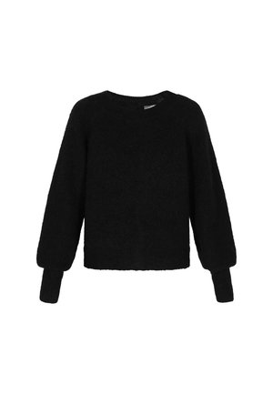 Melnas adītas džemperis ar gariem bumburādas piedurknēm un ribotām aprocēm, apaļa kakla izgriezums un taisna apakšmala.