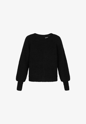 Melnas adītas džemperis ar gariem bumburādas piedurknēm un ribotām aprocēm, apaļa kakla izgriezums un taisna apakšmala.