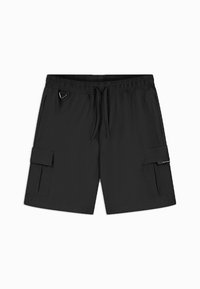 Zwarte cargoshorts van lichtgewicht stof, met een elastische tailleband, trekkoord en twee zijzakken met kleppen.
