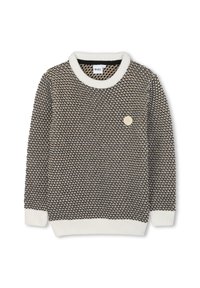 Pull en maille à motif texturé noir et crème, avec un col rond et des poignets côtelés blancs, et un petit logo en accent sur le devant.