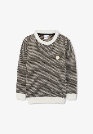 Mīksts džemperis ar teksturētu adījuma rakstu melnā un krēmglazūrā, ar baltu ribotu apkakli un aprocēm, kā arī nelielu logotipa akcentu priekšpusē.