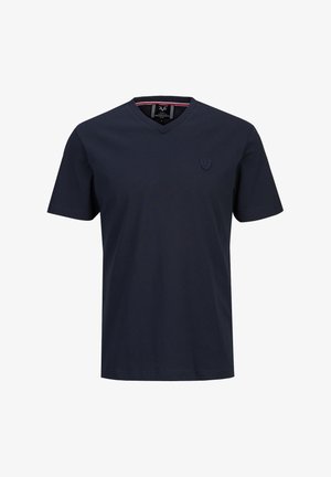 Marineblaues T-Shirt mit kurzen Ärmeln, V-Ausschnitt, kleinem besticktem Logo auf der linken Brust und gestreiftem Detail am Kragen innen.
