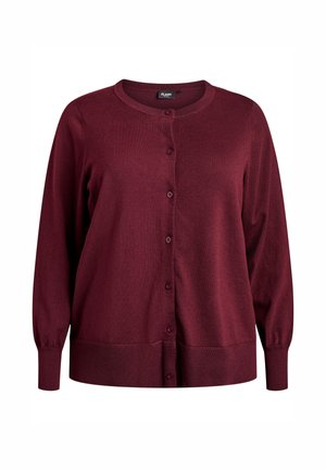 Burgundski kardigan od mekanog pletenog materijala, s okruglim izrezom, gumbima sprijeda i rebrastim manžetnama te rubom.
