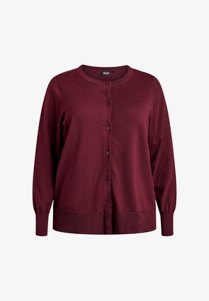 Vīnogu sarkana kardigana no mīksta trikotāžas auduma, ar apaļu izgriezumu, priekšu ar pogām un ribotu aproču un apakšmala.