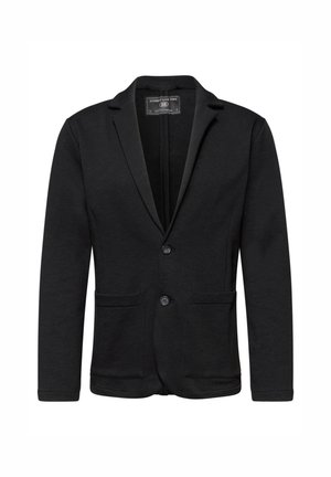 Miesten musta bleiseri, jossa on kaksi nappia, kaksi etutaskua ja lovettavat kaulukset, valkoisella taustalla.