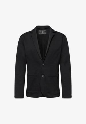 Zwarte herenblazer met twee knopen, twee voorzakken en inkeping revers, weergegeven op een witte achtergrond.