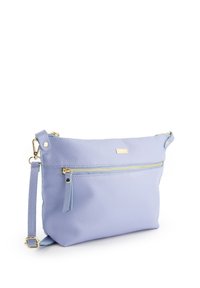 Hellblaue Leder-Crossbody-Tasche mit strukturierten Oberflächen, verstellbarem Riemen, vorderer Reißverschlusstasche und Akzenten in goldfarbener Hardware.