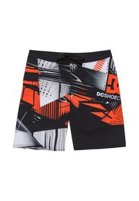 Black swim shorts featuring abstract patterns in red and gray, made of lightweight material. Includes a drawstring waistband and side pocket.