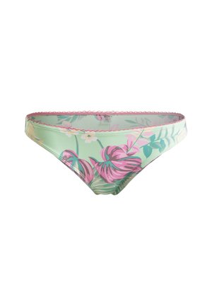 Kwiatowe majtki bikini w miętowym kolorze z różowym i fioletowym tropikalnym nadrukiem. Posiadają falbaniasty wykończenie wzdłuż pasa. Materiał poliestrowy.