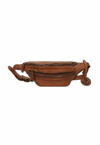 Braune Leder-Hüfttasche, rechteckige Form, mit einem Hauptfach mit Reißverschluss, verstellbarem Gurt und einem dekorativen Ankeranhänger.