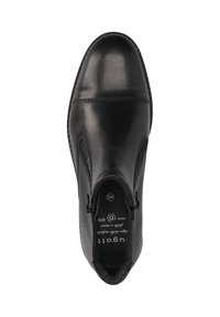 Schwarzer Lederschuh mit runder Zehenform, elastischen Seiteneinsätzen und Nähakzenten. Das Innere verfügt über eine gepolsterte Innensohle und ein Logo.