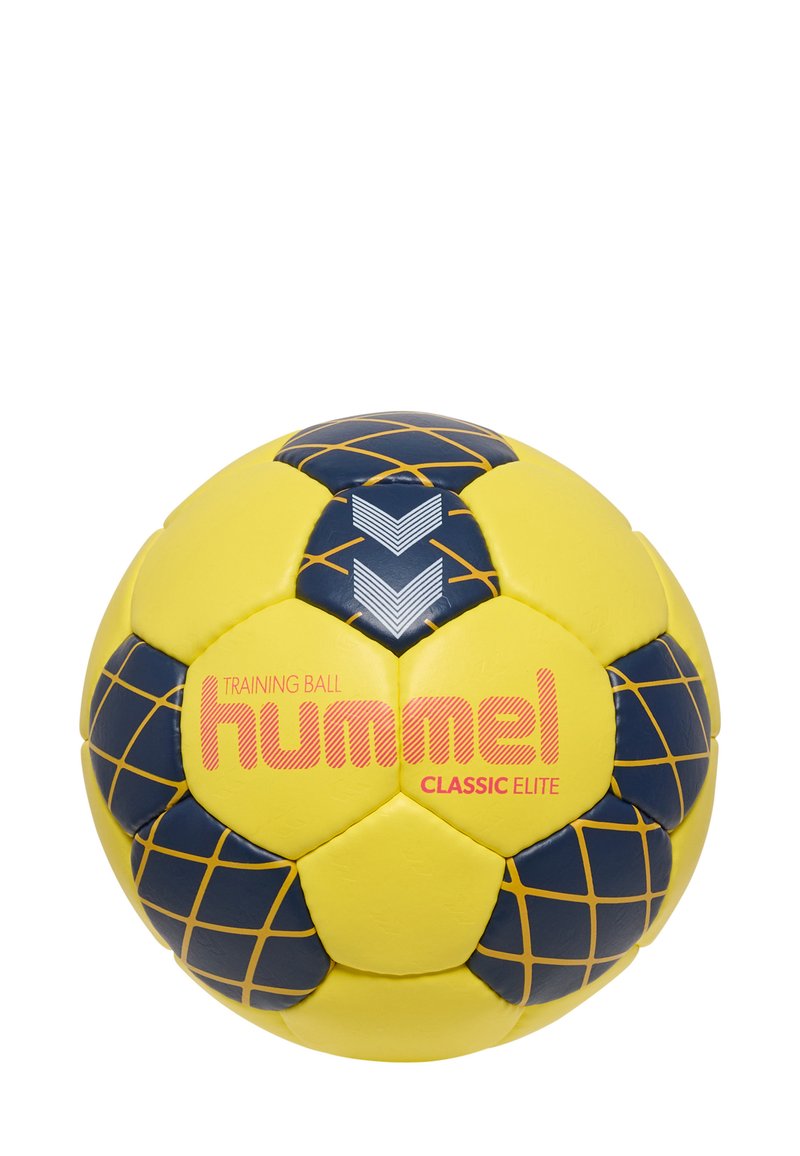 Gul och marinblå Hummel träningsboll med hexagonala paneler. Har en strukturerad yta, rutmönster och varumärkeslogotyp i rosa.