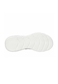 Weiße Sportschuhsohle mit strukturierten Rillen und Mustern, die eine geschwungene Form und ein geformtes Profil für Halt und Unterstützung bietet.