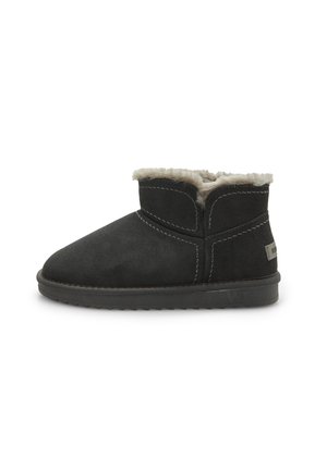 Black suede ankle boots with a soft interior lining, rounded toe, contrasting stitching, and a flat rubber sole. Features a small metal logo.