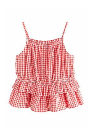 Rød og hvid ternet ærmeløs top med tynde stropper, rynket halsudskæring og lagdelt flæsekant.