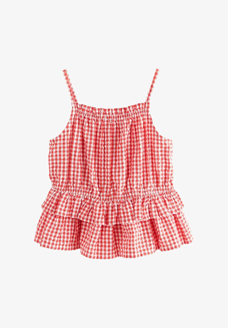 Top sans manches en vichy rouge et blanc avec fines bretelles, encolure froncée et ourlet à volants superposés.