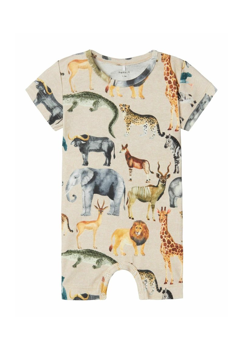 Combinaison à manches courtes beige ornée d'imprimés d'animaux colorés incluant des éléphants, des lions et des girafes. Fermeture à pression au bas.