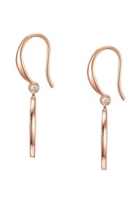 Ohrringe aus Roségold mit einem gebogenen Haken-Design und einem kreisförmigen Anhänger. Die Oberfläche ist glatt und die Kanten sind sanft abgerundet.