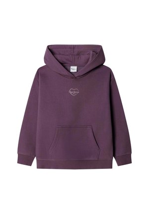 Lila Kapuzenpullover mit Fronttasche und kleinem weißem herzförmigem Logo in der Mitte der Brust.