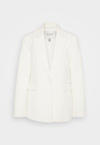 Vit skräddarsydd blazer med snedskurna slag, enkel knappstängning och två framfickor med flik, uppvisad mot en enkel bakgrund.