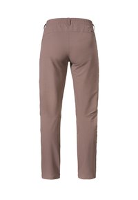 Hellbraune, elastische Bundhose mit schlanker Passform, die eine glatte Textur, flache Nähte und keine sichtbaren Taschen aufweist.