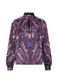 Blouse à manches longues avec col montant et motif cachemire complexe en violet, bleu et blanc avec un léger détail volanté au col.