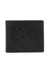 Billetera de cuero negro con un logotipo circular en relieve con texto, una textura suave y bordes cosidos para mayor durabilidad.