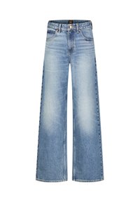 Light blue wide-leg jeans made of denim, featuring a high waist, five-pocket design, and a faded wash with prominent stitching details.