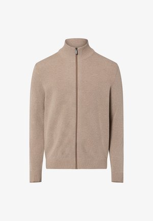 Beige gebreide trui met ritssluiting en een hoge kraag, met een gestructureerd patroon en geribbelde manchetten en zoom. Ritssluiting aan de voorkant.