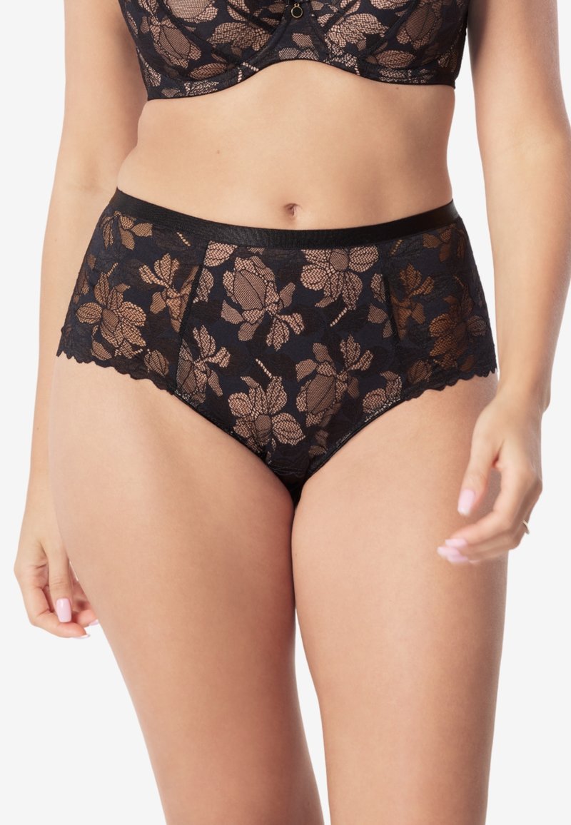 Czarne, wysokie majtki z koronki z kwiatowym wzorem w kontrastującym odcieniu brązu, miękkie ząbkowane brzegi i szeroki pas.
