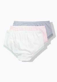 Sada tří bavlněných hipster kalhotek v bílé, růžové a šedé barvě. Každé mají lemování z vykrojené krajky podél otvorů na nohy. Měkká a pružná tkanina.