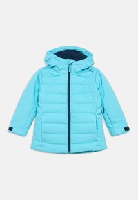 Light blue padded jacket with a hood, front zipper, elastic cuffs, and navy inner lining. Captures warmth with a quilted design.
