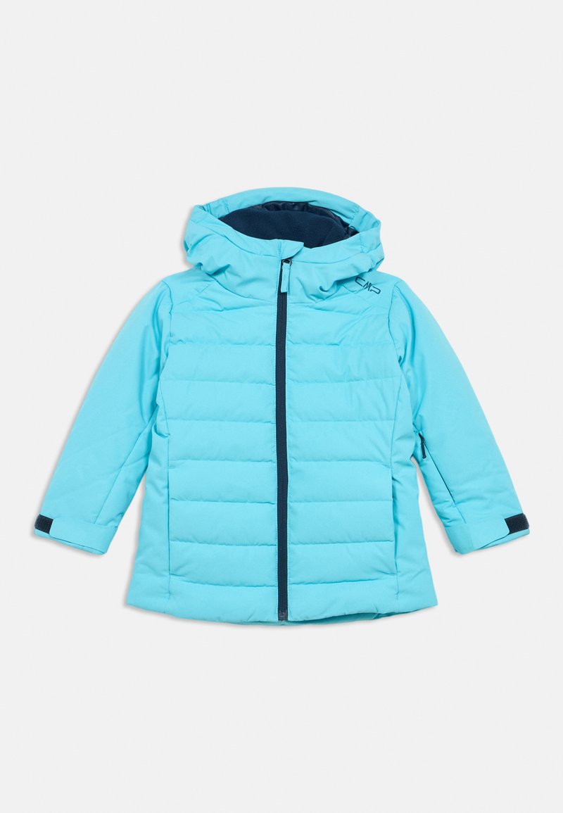 Light blue padded jacket with a hood, front zipper, elastic cuffs, and navy inner lining. Captures warmth with a quilted design.
