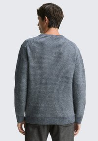 Grau gestrickter Pullover mit strukturiertem Muster, mit Rundhalsausschnitt sowie gerippten Bündchen und Saum. Die Rückansicht zeigt das vollständige Design.