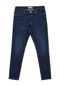 Jeans in denim blu scuro con vestibilità slim, dotati di chiusura a bottoni, cinque tasche e una leggera scoloritura per un aspetto classico.