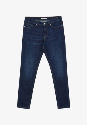 Dunkelblaue Denim-Jeans mit Slim-Fit, ausgestattet mit einem Knopfverschluss, fünf Taschen und dezentem Verblassen für einen klassischen Look.