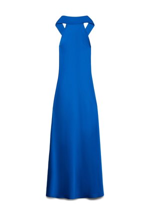 Abito da sera blu senza maniche con scollatura all'americana e gonna lunga e fluente, mostrato su sfondo bianco.