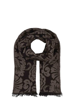 Sciarpa lavorata a maglia di colore nero scuro con un motivo floreale grigio metallico. Presenta bordi frangiati per una maggiore texture e dettaglio.