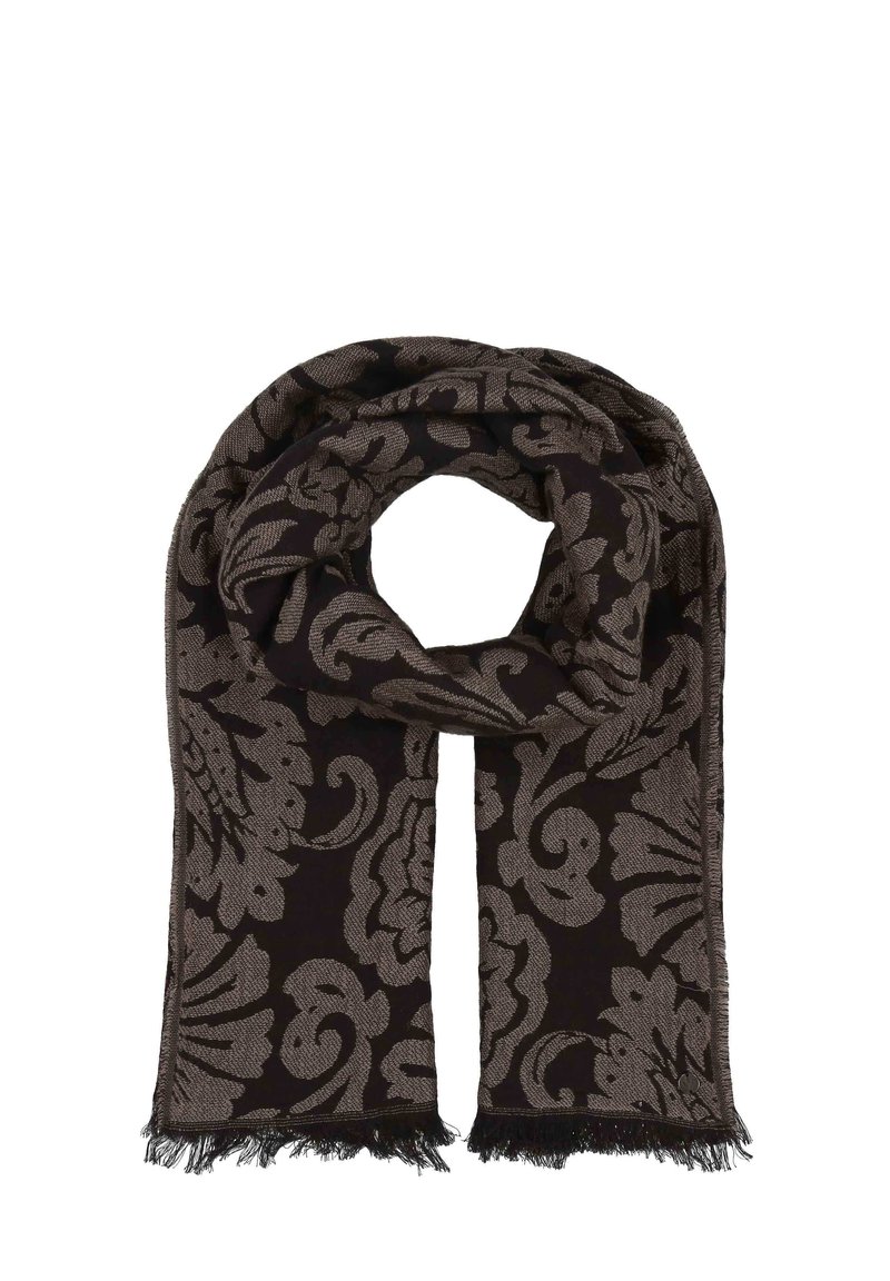 Sciarpa lavorata a maglia di colore nero scuro con un motivo floreale grigio metallico. Presenta bordi frangiati per una maggiore texture e dettaglio.
