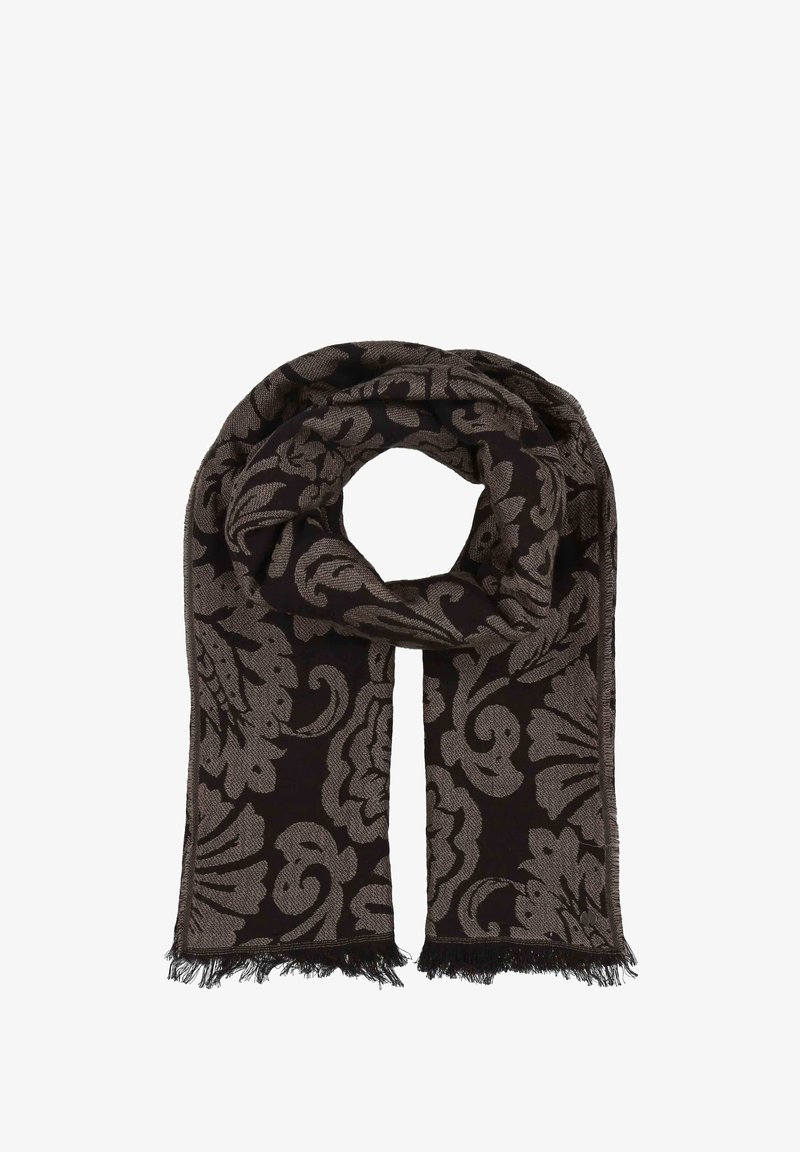Écharpe tricotée en noir foncé avec un motif floral en gris métallisé. Présente des bords frangés pour un ajout de texture et de détail.