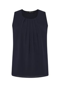 Blouse sans manches bleu marine avec encolure ronde et détail plissé à l'avant, design simple, tissu léger.