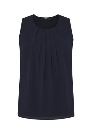 Tmavomodrá bezrukávová blúzka s okrúhlym výstrihom a plisovaným predným detailom, jednoduchý dizajn, ľahká látka.