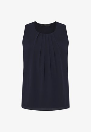 Tmavomodrá bezrukávová blúzka s okrúhlym výstrihom a plisovaným predným detailom, jednoduchý dizajn, ľahká látka.