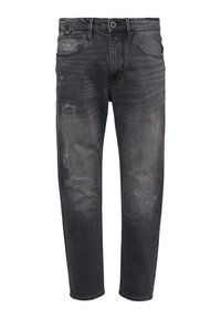 Wyblakłe czarne dżinsy z przetarciami, pięcioma kieszeniami, szlufkami na pasek i prostym krojem nogawki.