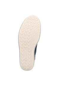 Navy shoe with a textured, off-white rubber sole featuring circular grip patterns and a smooth upper design.