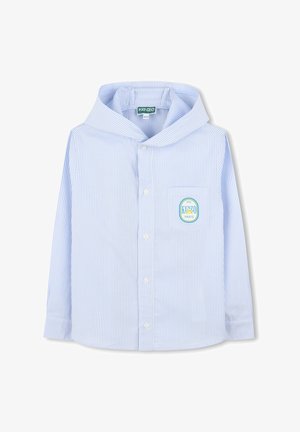 Lichtblauw gestreept overhemd met lange mouwen en een capuchon, voorzien van een borstzak en een rond Kenzo Paris-logo. Zachte stofstructuur.